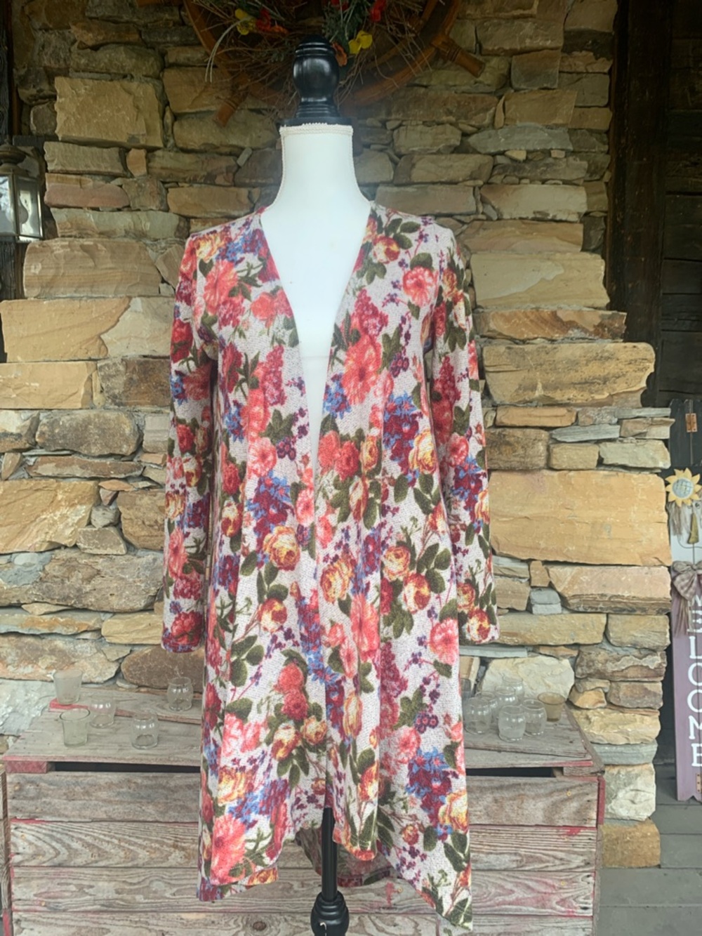 Floral Open Front Cardigan - Pink Multi